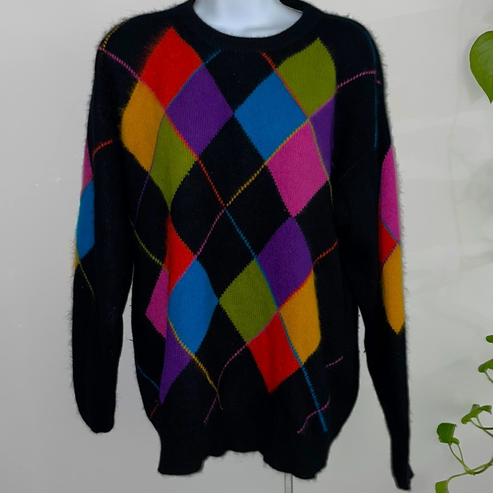 Vintage Rafaella Colorful Argyle Angora Sweater Medium